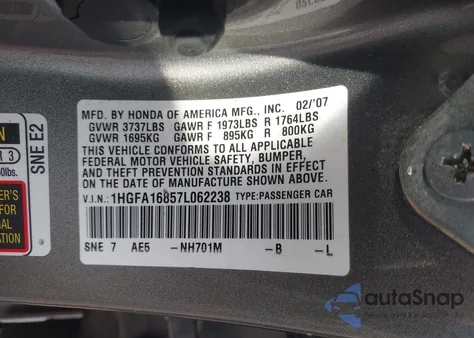 2007 Honda Civic Ex from USA, damaged, VIN 1HGFA16857L062238